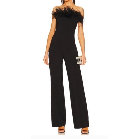 Likely Desi Ostrich Feather-Trimmed Black Jumpsuit Wide Leg Size 4 Revolve - Picture 1 of 5